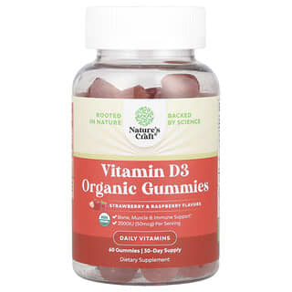 Nature's Craft, Vitamin D3 Organic Gummies, Strawberry & Raspberry, 60 Gummies (25 mcg (1,000 IU per Gummy)