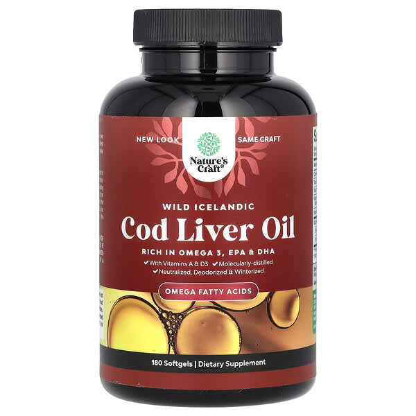 Nature's Craft, Wild Icelandic Cod Liver Oil with Vitamins A &amp; D3, 180 Softgels