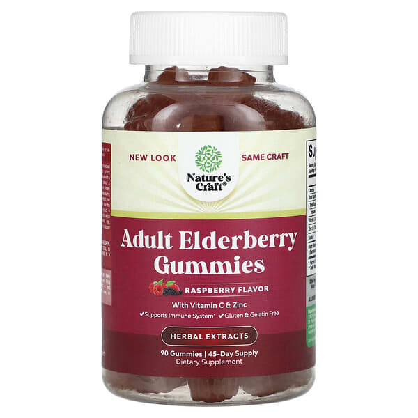 Nature's Craft Adult Elderberry Gummies with Vitamin C & Zinc, Raspberry, 90 Gummies