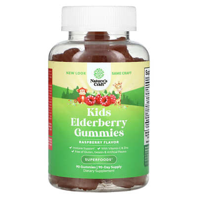 Nature's Craft, Kids, Elderberry Gummies, Raspberry, 90 Gummies