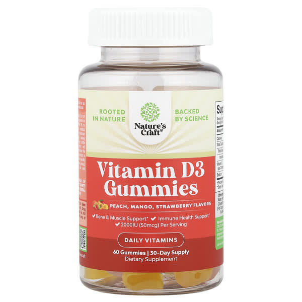Nature's Craft, Vitamin D3 Gummies, Peach, Mango, Strawberry, 60 Gummies, (25 mcg (1,000 IU) per Gummy) — product photo 1