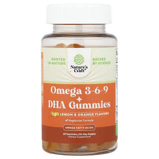 Nature's Craft, Omega 3-6-9 + DHA vingummier, citron og appelsin, 60 vingummier