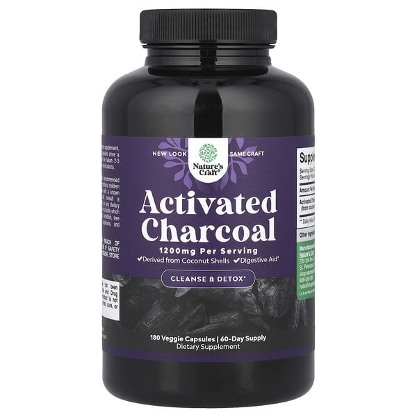 Nature's Craft Activated Charcoal, 180 Veggie Capsule (400 mg per Capsule)
