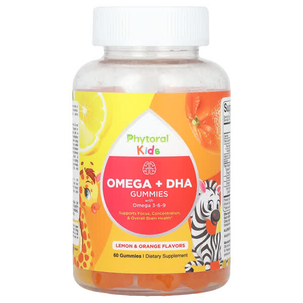Phytoral Kids, Omega + DHA Gummies with Omega 3-6-9, Lemon & Orange, 60 Gummies
