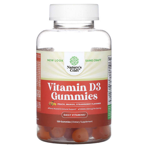 Nature's Craft, Vitamin D3 Gummies, Peach, Mango, Strawberry, 2,000 IU (50 mcg), 120 Gummies (1,000 IU (25 mcg) per Gummy)