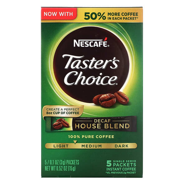 Nescafé‏, Taster's Choice، قهوة سريعة التحضير، مزيج منزلي، تحميص خفيف/ متوسط، منزوعة الكافيين، 5 أكياس 0.1 أونصة (3 جم) لكل كيس