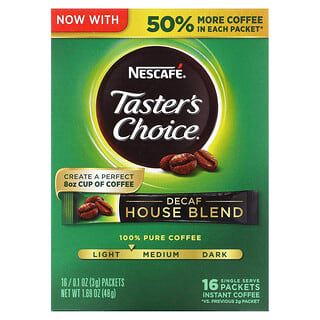 Nescafé, Taster's Choice, Instant Coffee, House Blend, Light/Medium Roast, Decaf, 16 Packets, 0.1 oz (3 g) Each