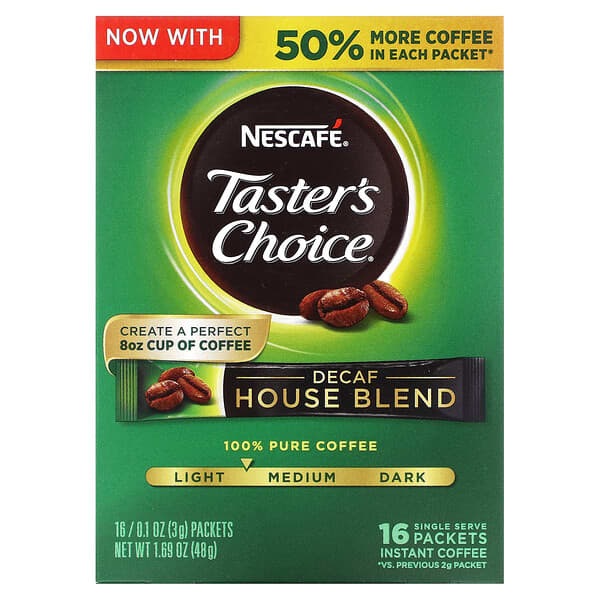 Nescafé‏, Taster's Choice، قهوة سريعة التحضير، مزيج منزلي، تحميص خفيف/ متوسط، منزوعة الكافيين، 16 كيس 0.1 أونصة (3 جم) لكل كيس