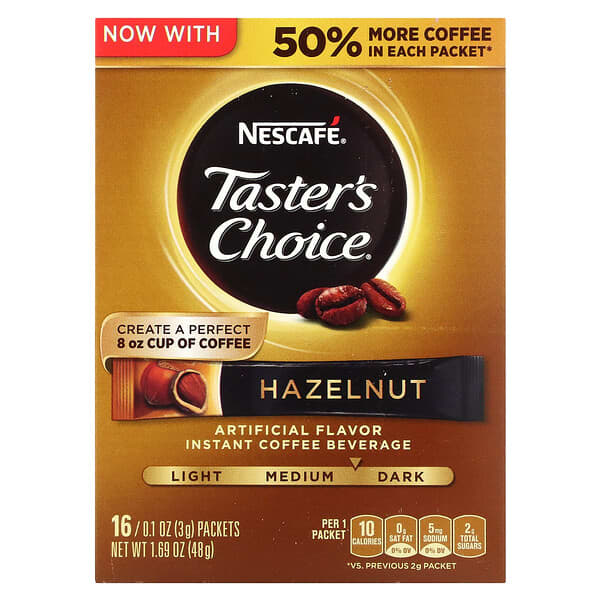 Nescafé‏, Taster's Choice, משקה קפה נמס, בטעם אגוזי לוז, 16 מנות, 3 גרם (0.1 אונקיות) ביחידה