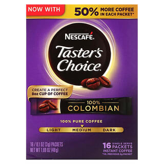 Nescafé, Taster's Choice, розчинна кава, 100% колумбійська, середнього обсмаження, 16 пакетів по 0,1 унції (3 г) кожен