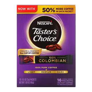 Nescafé, Taster's Choice، قهوة سريعة التحضير، كولومبية 100%، تحميص متوسط، 16 كيس، 0.1 أونصة (3 جم) لكل كيس 