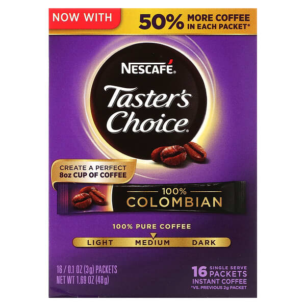 Nescafé‏, Taster's Choice, Instant Coffee, 100% Colombian, Medium Roast, 16 Packets, 0.1 oz (3 g) Each