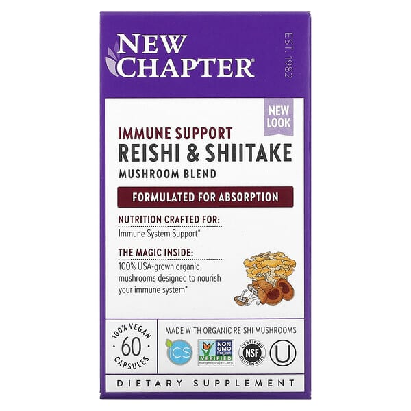 New Chapter, Suporte Imunológico, Mistura de Cogumelos Reishi e Shiitake, 60 Cápsulas Veganas