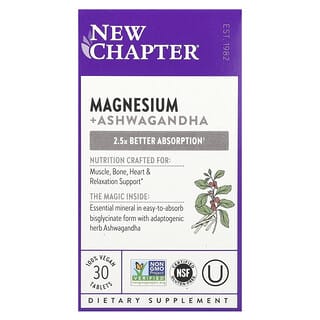 New Chapter, Magnésium + Ashwagandha, 30 comprimés vegan