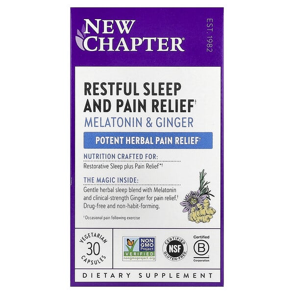 New Chapter Restful Sleep and Pain Relief, Melatonin & Ginger, 30 Vegetarian Capsules