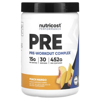 Nutricost, Performance, PRE, Complejo para preentrenamiento, Melocotón y mango`` 452 g (1 lb)