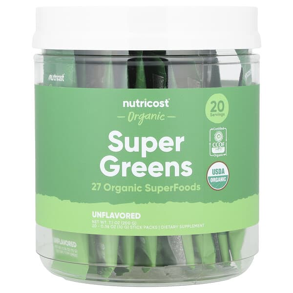 Nutricost Organic Super Greens, Unflavored, 20 Stick Packs, 0.36 oz (10 g) Each