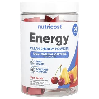 Nutricost, Energy, Clean Energy Powder, Fruit Punch, 20 Stick Packs, 0.18 oz (5 g) Each