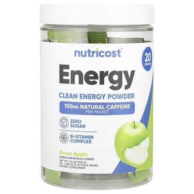 Nutricost, 能量，清潔能量粉，青蘋果味，20 條，每條 0.18 盎司（5 克）