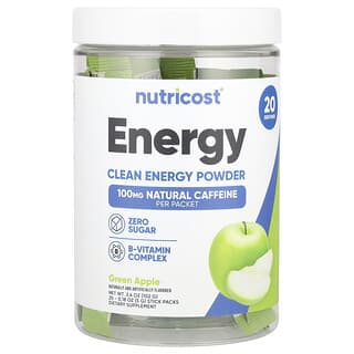 Nutricost, Energy, Clean Energy Powder, Pulver für saubere Energie, Grüner Apfel, 20 Sticks, je 5 g (0,18 oz.).