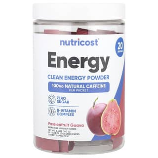 Nutricost, Energía, Energía limpia en polvo, Maracuyá y guayaba, 20 sobrecitos, 5 g (0,18 oz) cada uno