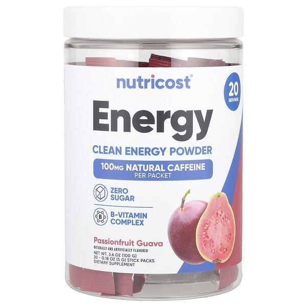 Nutricost Energy, Clean Energy Powder, Passionfruit Guava, 20 Stick Packs, 0.18 oz (5 g) Each