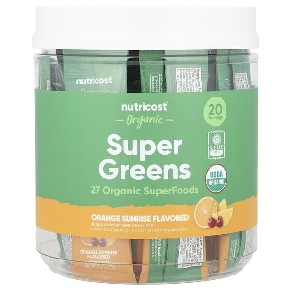 Nutricost Organic Super Greens, Orange Sunrise, 20 Stick Packs, 0.4 oz (11 g) Each