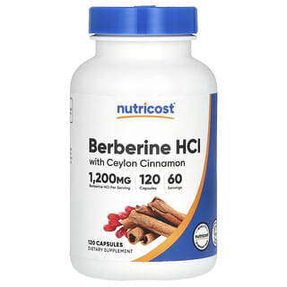 Nutricost, Clorhidrato de berberina con canela de Ceilán, 1200 mg, 120 cápsulas (600 mg por cápsula)