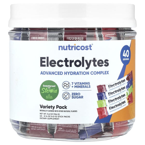 Nutricost, 전해질, 고급 수분 복합체, 버라이어티 팩, 스틱팩 40개, 개당 4g(0.14oz)