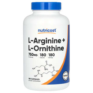 Nutricost, L-arginina + L-ornityna, 750 mg, 180 kapsułek