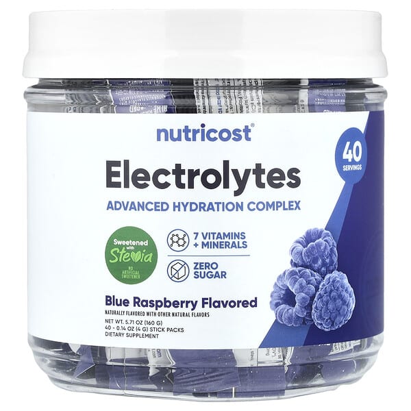Nutricost, 전해질, 고급 수분 복합체, 블루 라즈베리, 스틱팩 40개, 개당 4g(0.14oz)