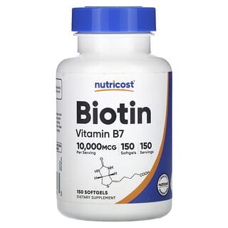 Nutricost‏, "ביוטין, ויטמין B7, ‏10,000 מק""ג, 150 כמוסות רכות."