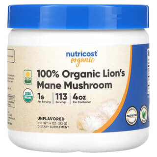 Nutricost, Orgánico, Hongo melena de león 100% orgánico, Sin sabor, 1 g, 113 g (4 oz)