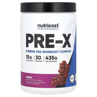 Nutricost, Performance, PRE-X, предтренировочный комплекс Xtreme, со вкусом винограда, 435 г (1 фунт)