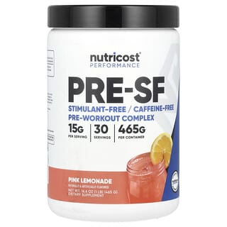 Nutricost, Alto rendimiento, Pre-SF, Complejo preentrenamiento sin estimulantes, Limonada rosa, 465 g (1 lb)