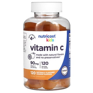 Nutricost, Vitamina C para crianças, 4 anos ou mais, Laranja, 90 mg, 120 Gomas