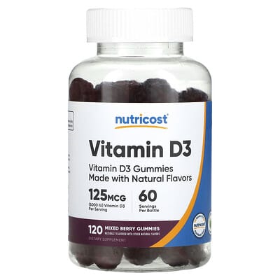 Nutricost, Vitamin D3 Gummies, Assorted Berry Flavor, 125 mcg, 120 Gummies (62.5 mg per gummy)