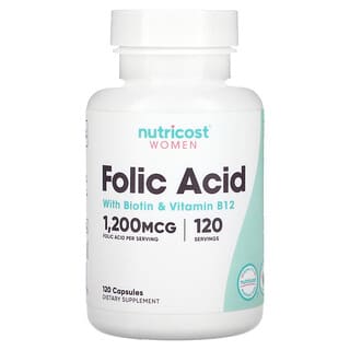 Nutricost, Femmes, Acide folique avec biotine et vitamine B12, 120 capsules