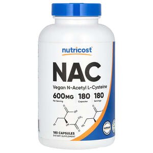 Nutricost‏, NAC, N-אצטיל L-ציסטאין טבעוני, 600 מ"ג, 180 כמוסות