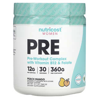 Nutricost, Complejo de preentrenamiento con vitamina B12 y folato para mujeres, Melocotón y mango, 360 g (12,7 oz)