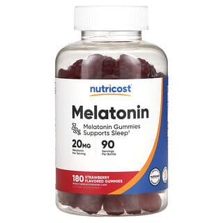 Nutricost, жевательный мелатонин, со вкусом клубники, 20 мг, 180 жевательных таблеток (10 мг в 1 жевательной таблетке)