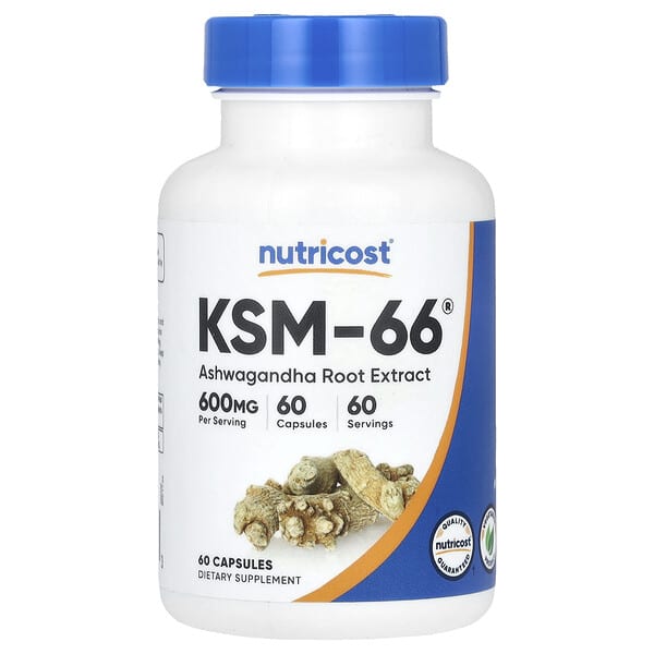 Nutricost, KSM-66 สารสกัดจากรากโสมอินเดีย ขนาด 600 มก. บรรจุ 60 แคปซูล