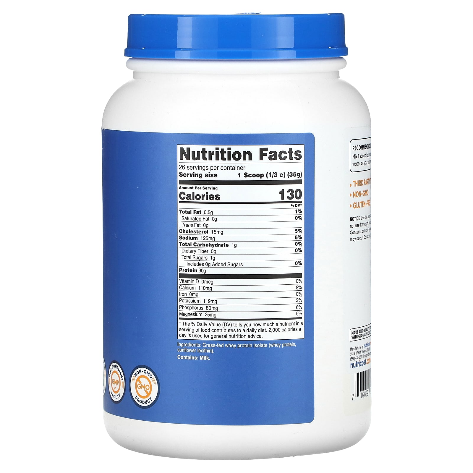 Nutricost, GrassFed Whey Protein Isolate, Unflavored, 2 lb (907 g)