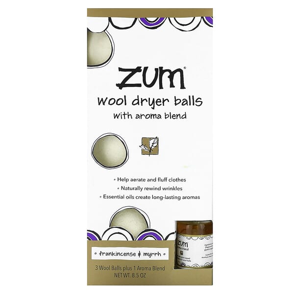 ZUM, Wool Dryer Balls with Aroma Blend, Frankincense &amp; Myrrh, 4 Pieces