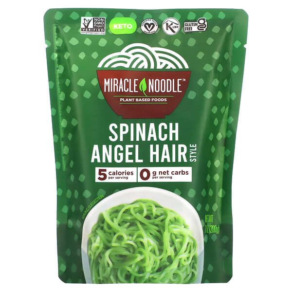 Miracle Noodle, エンジェルヘア風ホウレンソウ入りしらたきパスタ、200g（7オンス）