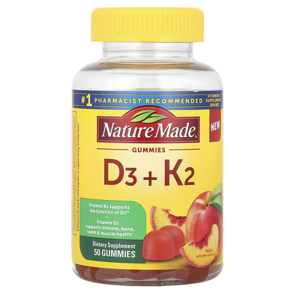 Nature Made, Vitamin D3 + K2 Gummies, Peach, 50 Gummies