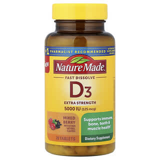 Nature Made, Dissolução Rápida D3, Frutos Silvestres Mistos, 125 mcg (5.000 UI), 70 Comprimidos