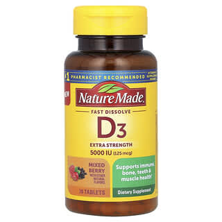 Nature Made, Vitamina D3 de rápida disolución, Concentración extra, Bayas mixtas, 5000 UI (125 mcg), 70 comprimidos