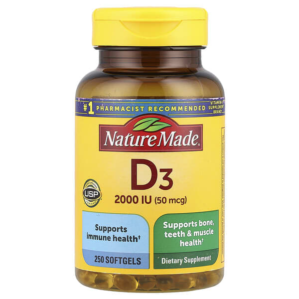 Nature Made Vitamin D3, 50 mcg (2000 IU), 250 Softgels