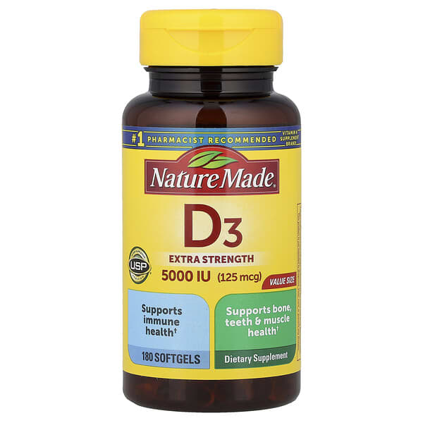 Nature Made, Vitamin D3, 125 mcg (5,000 IU), 180 Softgels — product photo 1